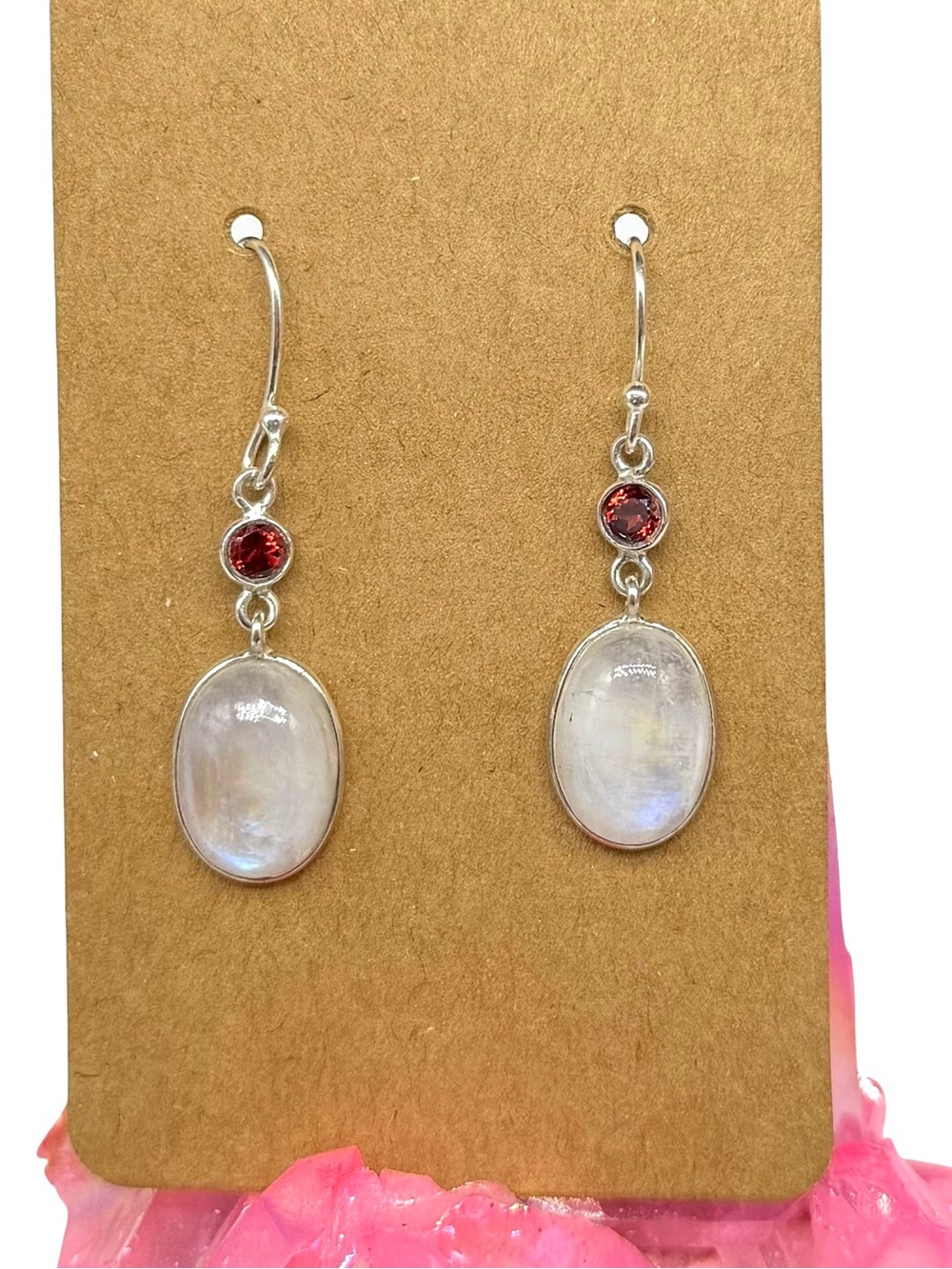 Rainbow Moonstone & Garnet Earrings Solid 925 Sterling Silver